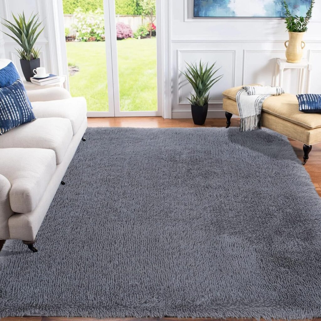 XSIVOD Grey Ultra Soft Floor Carpet, Luxury Fluffy Shag Lounge Area Rug Ideal for Living Room, Bedroom, Nursery, Kids Baby Room, 120x160cm