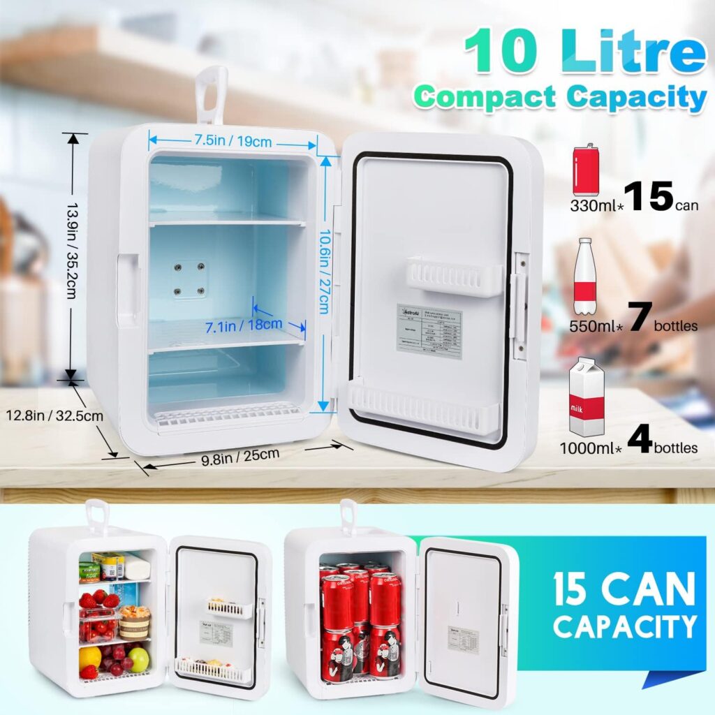 AstroAI Mini Fridge 10 Litre, 15 Can Portable Cooler Warmer, AC+DC Power for Bedroom, Car, Travel; Skincare, Cosmetics, Drinks, Food (Black)