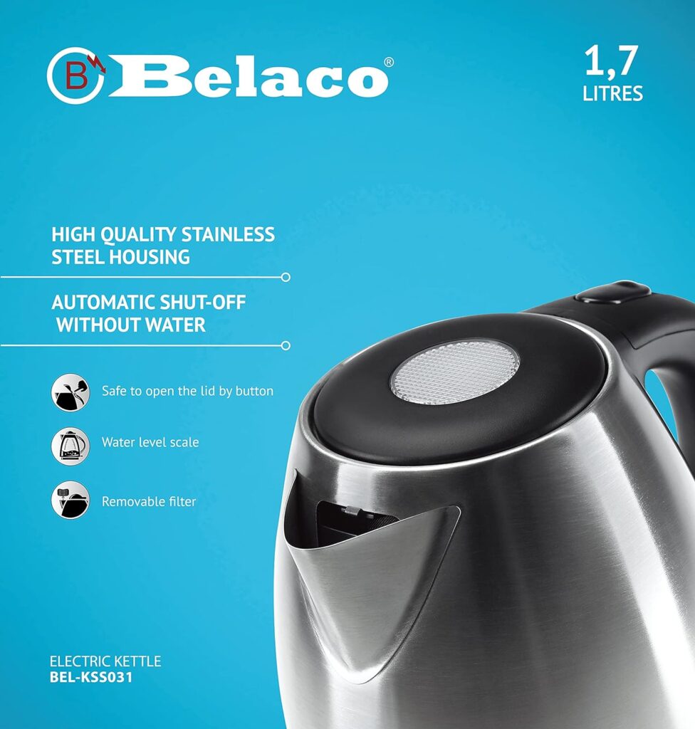 Belaco Electric Kettle Stainless Steel Housing 1.7L Fast Boil Cordless 360° Rotation Removable Water Filter 1800-2200W UK Plug Auto Shut-Off Boil-Dry Protection (Black) (Silver)