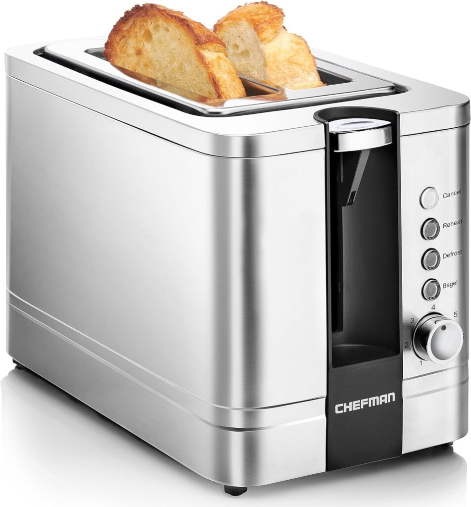 Chefman 2 Slice Toaster, 7 Shade Settings, Stainless Steel Toaster 2 Slice with Extra-Wide Slots, Thick Bread Toaster and Bagel Toaster, Reheat, Defrost, Cancel, Lift Lever, Removable Crumb Tray