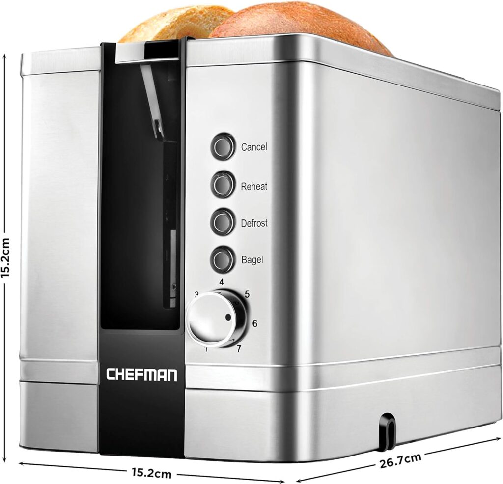 Chefman 2 Slice Toaster, 7 Shade Settings, Stainless Steel Toaster 2 Slice with Extra-Wide Slots, Thick Bread Toaster and Bagel Toaster, Reheat, Defrost, Cancel, Lift Lever, Removable Crumb Tray