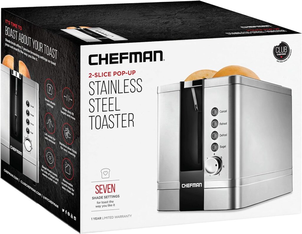 Chefman 2 Slice Toaster, 7 Shade Settings, Stainless Steel Toaster 2 Slice with Extra-Wide Slots, Thick Bread Toaster and Bagel Toaster, Reheat, Defrost, Cancel, Lift Lever, Removable Crumb Tray