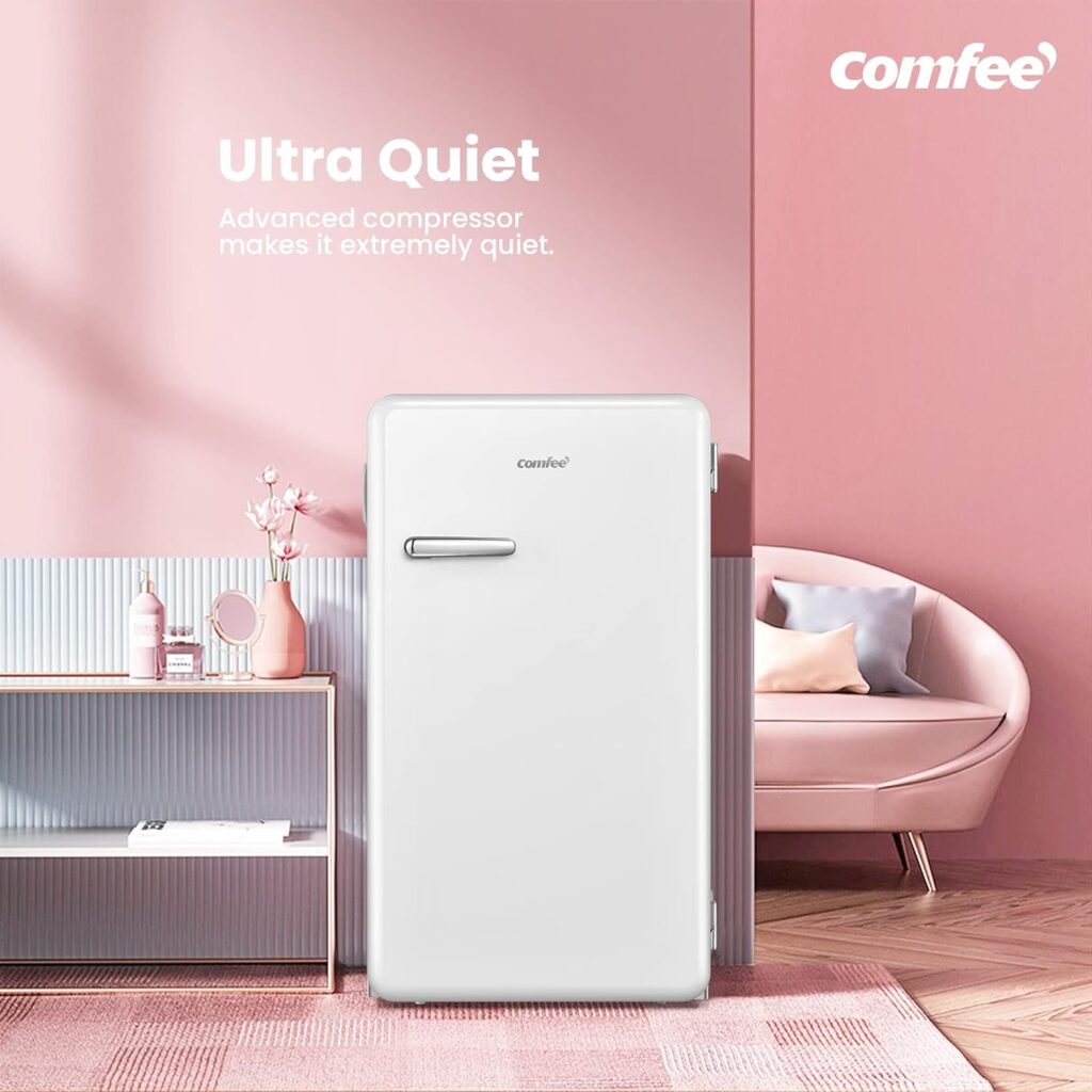 COMFEE RCD93WH1RT(E) Under Counter Fridge Only, 93L Retro Freestanding Fridge with Chiller Box, Adjustable Thermostats, Self-closing Door, White [Energy Class F]