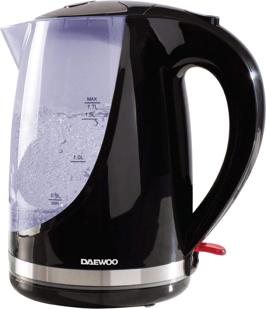 Daewoo 1.7L, 2200W Fast Boil Cordless Jug Kettle, Colour Changing Indicator Lights, Lightweight With Auto Switch Off, External Water Level Indicator and Removable Easy Clean Filter-Black [Energy Class A]