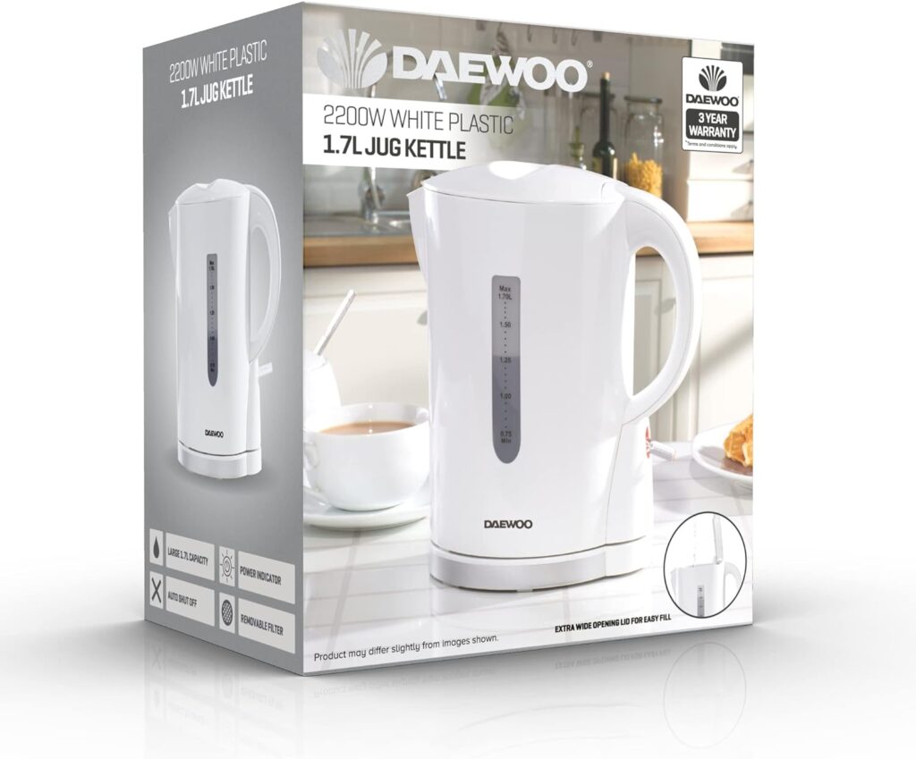 Daewoo Plastic Kettle, 1.7 Litres, Fast Boil, Lightweight, Easy Clean - White