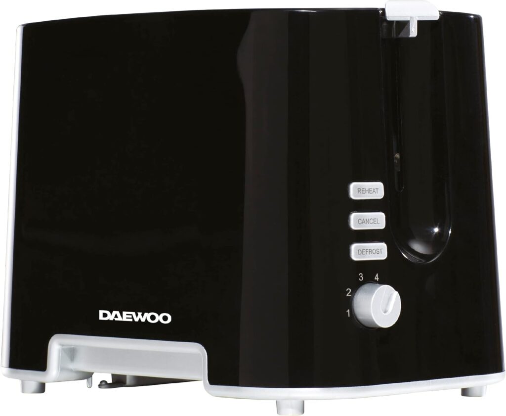 Daewoo Plastic Toaster, 2 Slice, Removable Crumb Tray, Browning Controls, Cancel / Defrost / Reheat Functions - Black