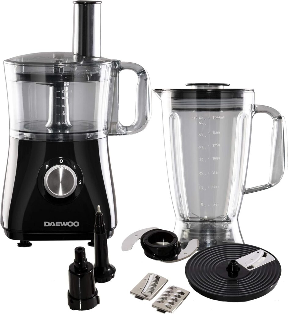 Daewoo SDA2100 750W Plastic Compact Food Processor with 2L Bowl and 1.8L Blender Jug, Stainless Steel Chopping Blades for Slicing and Grating, UK Type G Pulg 220-240v 50hz, Black