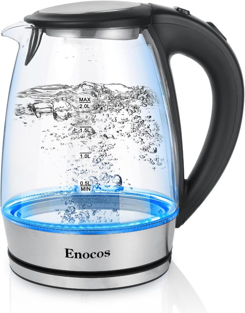 Enocos Electric Kettle, 2.0L Glass Kettles with Blue LED, 2300W, 5 Mins Fast Boil, Easy to Clean, Auto Shut-Off and Boil-Dry Protection