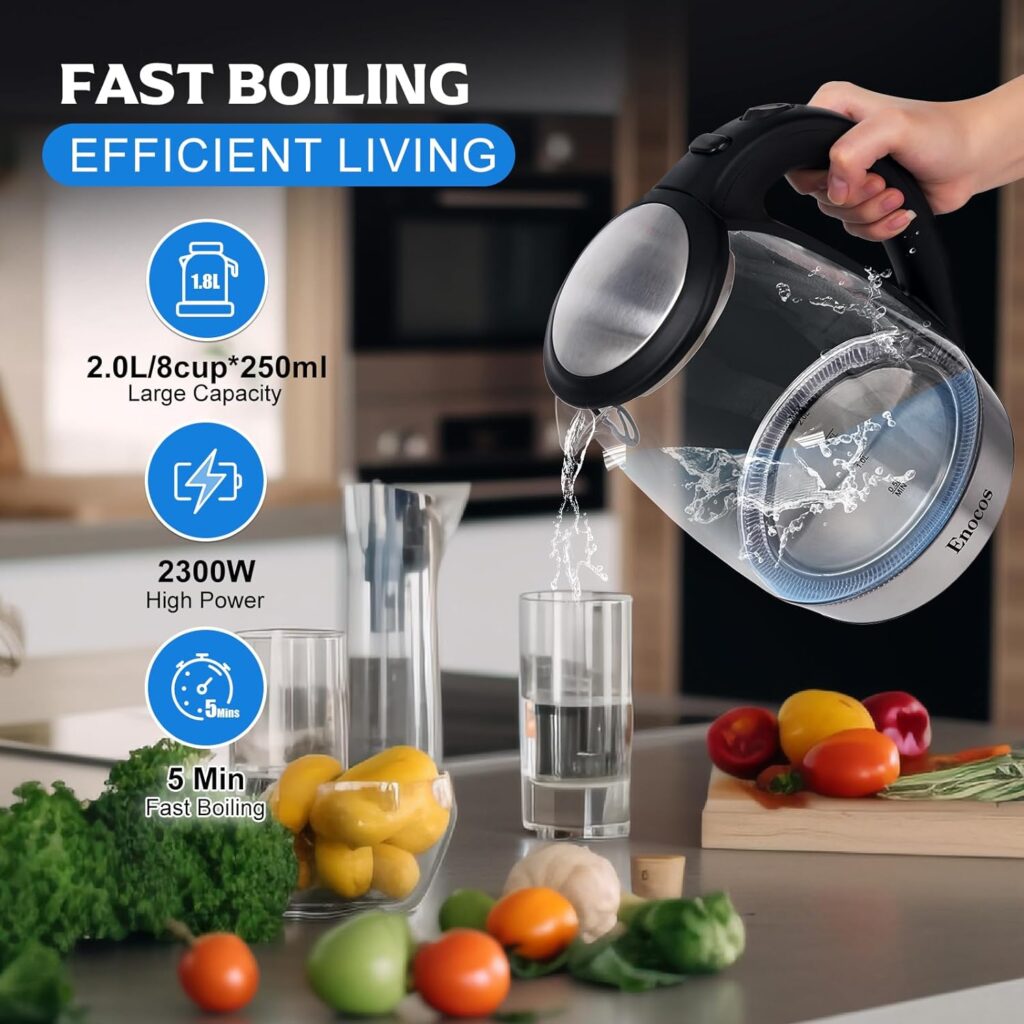 Enocos Electric Kettle, 2.0L Glass Kettles with Blue LED, 2300W, 5 Mins Fast Boil, Easy to Clean, Auto Shut-Off and Boil-Dry Protection