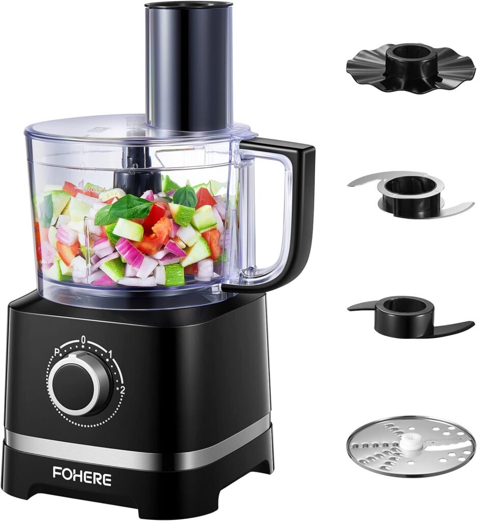 FOHERE Food Processor, 700W Compact Food Mixer with 4 Attachments for Chopping, Slicing, Shredding, Kneading Dough and Emulsifying, 12 Cup Bowl, 2 Speed Setting Pulse, Glossy Black