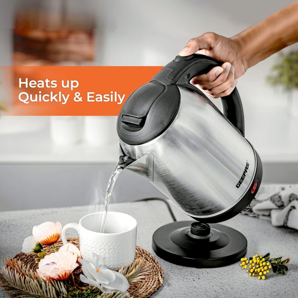 Geepas Electric Kettle, 1500W | Stainless Steel Cordless Kettle | Boil Dry Protection Auto Shut Off | 1.8L Jug Kettle for Hot Water Tea or Coffee | Swivel Base with Auto Lid Open, Light Indicator