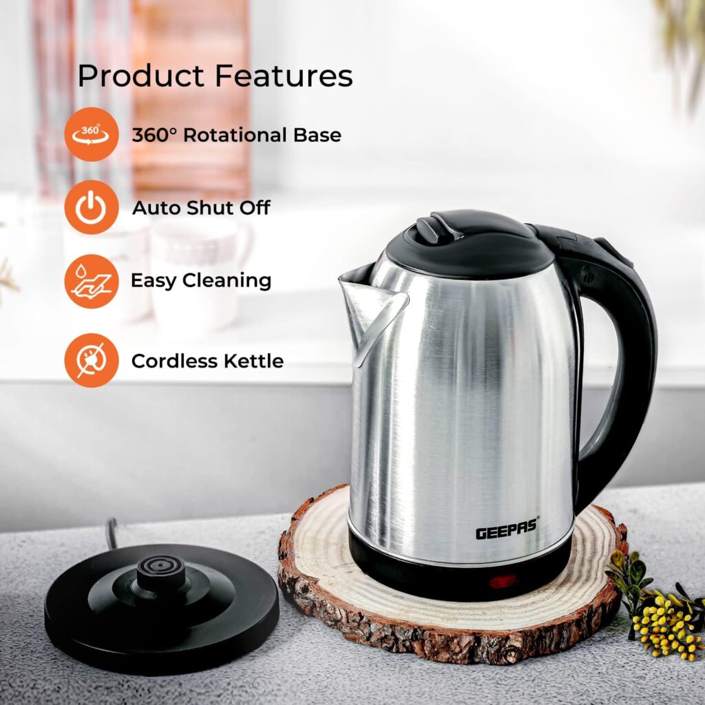 Geepas Electric Kettle, 1500W | Stainless Steel Cordless Kettle | Boil Dry Protection Auto Shut Off | 1.8L Jug Kettle for Hot Water Tea or Coffee | Swivel Base with Auto Lid Open, Light Indicator