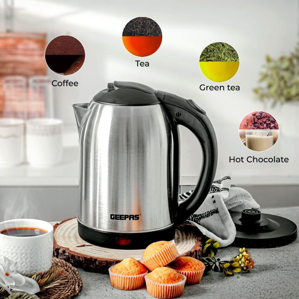 Geepas Electric Kettle, 1500W | Stainless Steel Cordless Kettle | Boil Dry Protection Auto Shut Off | 1.8L Jug Kettle for Hot Water Tea or Coffee | Swivel Base with Auto Lid Open, Light Indicator