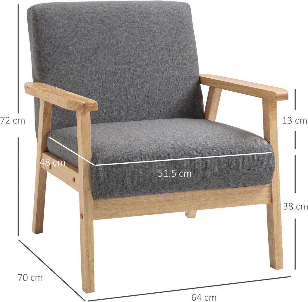 HOMCOM Accent Chair Wood Frame w/Thick Linen Cushions Wide Seat Armchair Home Furniture Bedroom Office