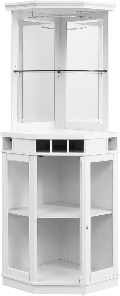 Home Source Dining Room or Lounge Corner Bar Cabinet for Liquor and Glasses with Wood Frame and Wine Rack