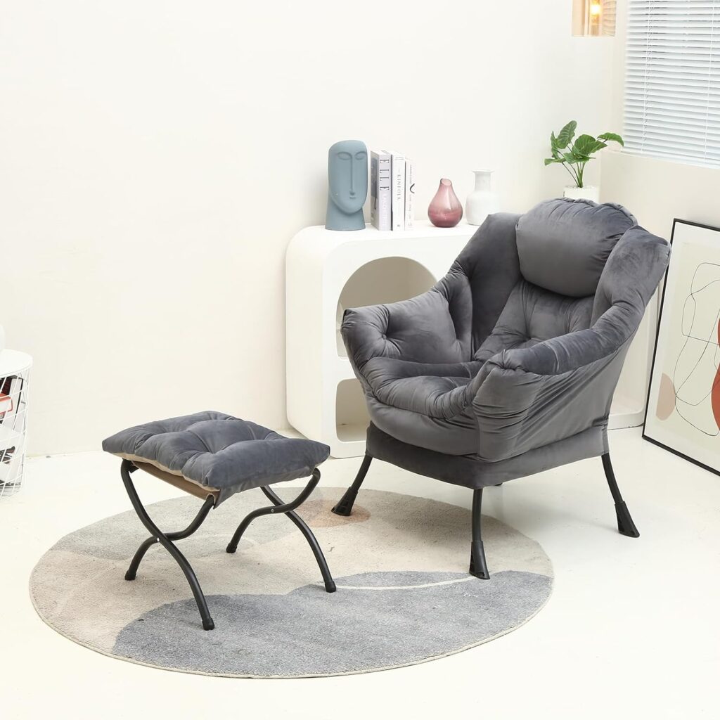 ISUDJUNT Armchairs for Living Room with Footstool, Bedroom Armchair and Foot Rest Set with Metal Frame, Upholstered Lounge Chair with Side Pocket Dark Grey