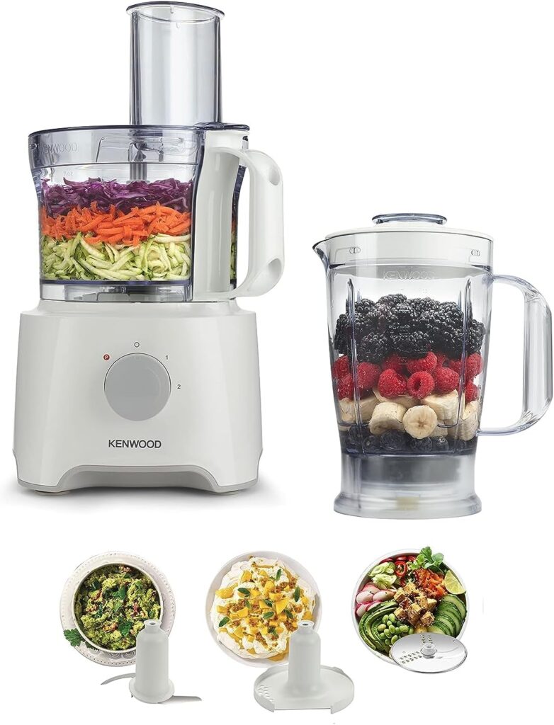 Kenwood Food Processor, 2.1L Bowl, 1.2 L Blender, Emulsifying, Knife Blade, Reversible Slicing and Grating Discs, 800 W, FDP301WH, White [Energy Class A] [Energy Class A]