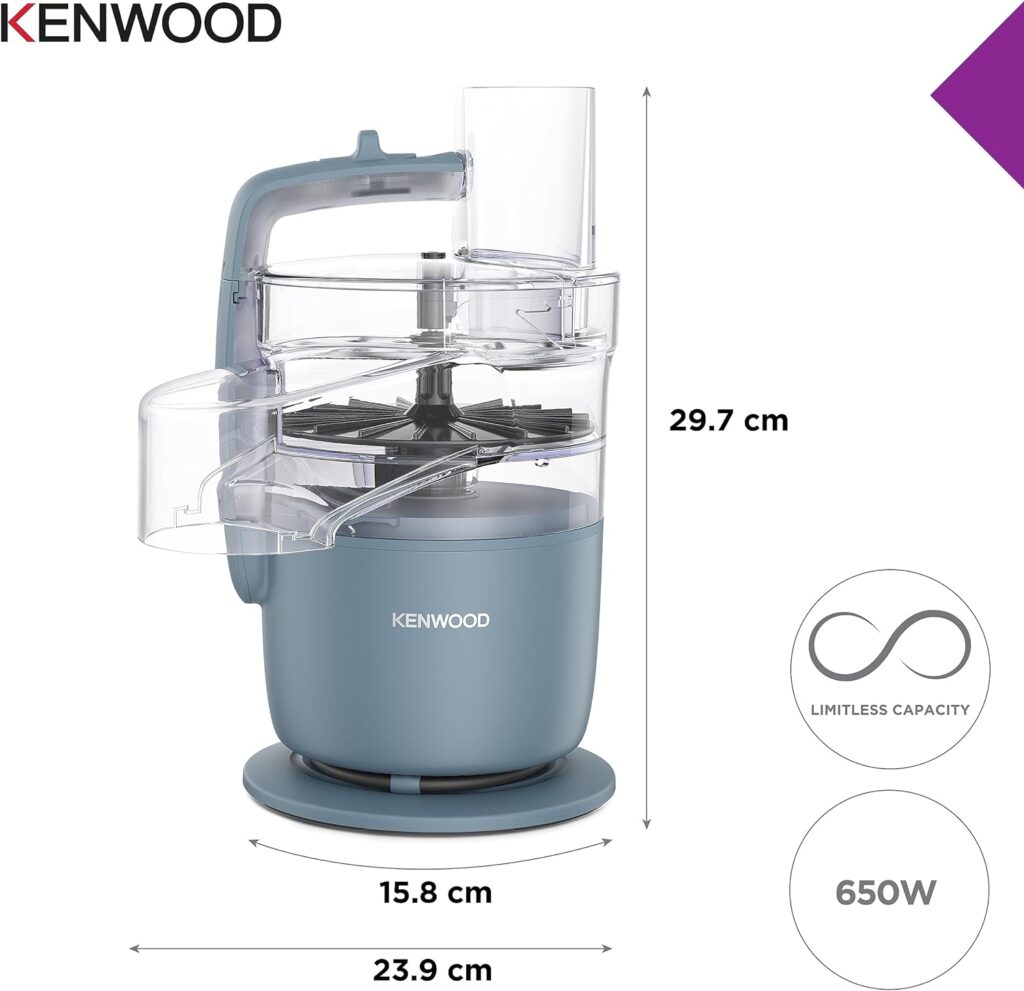 Kenwood, MultiPro Go FDP22.​130GY, Food Processor, for Chopping, Slicing, Grating, Pureeing and Kneading Dough, with Express Serve, 1.3L Bowl, Knife blade, 4mm Slicing/Grating Disk, 650 Watts, Grey