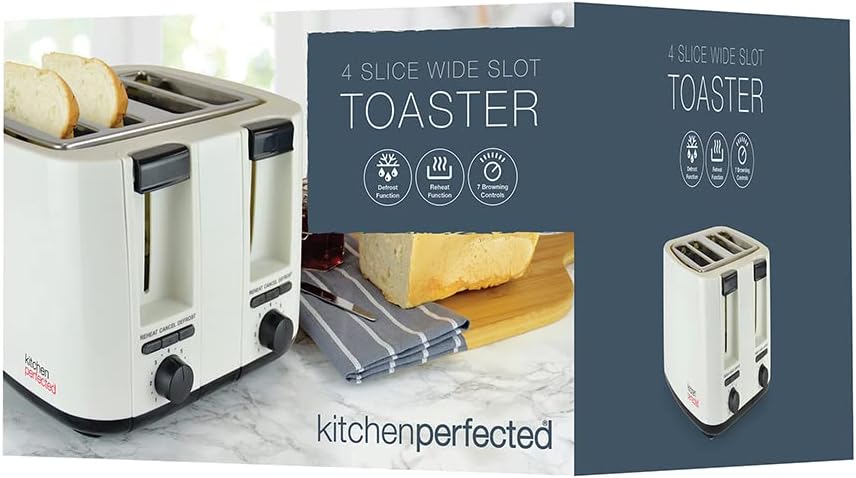 KitchenPerfected 4 Slice Wide Slot Toaster, 7 Browning Settings, Defrost/Reheat/Cancel, High Lift, Centralisation Even Toasting - Black - E2115BK