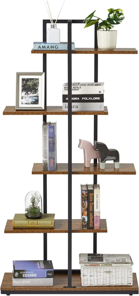 Meerveil Bookshelf, 5-Tier Floor Standing Bookcase, Asymmetrical Staggered Display Shelf, Plant Shelf, Industrial Style, for Living Room, Bedroom, Home Office, 74 x 28 x 144.5 cm, Rustic Brown