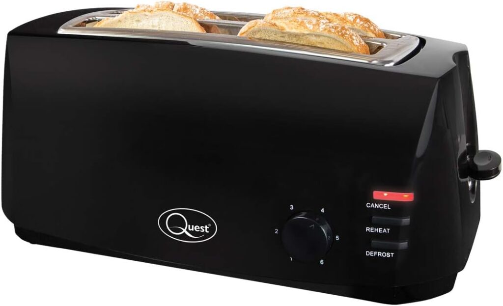 Quest 4 Slice Toaster Black - Extra Wide Long Slots for Crumpets and Bagels - 6 Settings - Reheat and Defrost