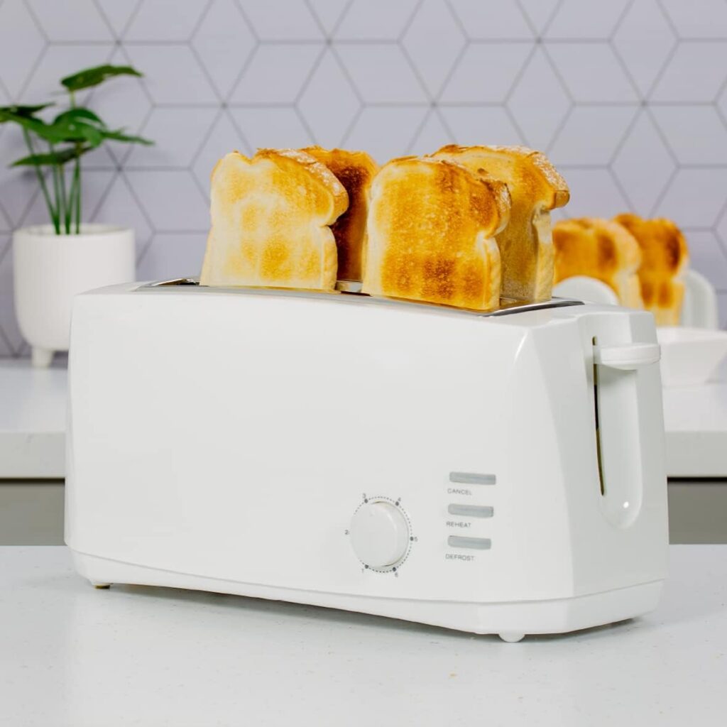 Quest 4 Slice Toaster Black - Extra Wide Long Slots for Crumpets and Bagels - 6 Settings - Reheat and Defrost