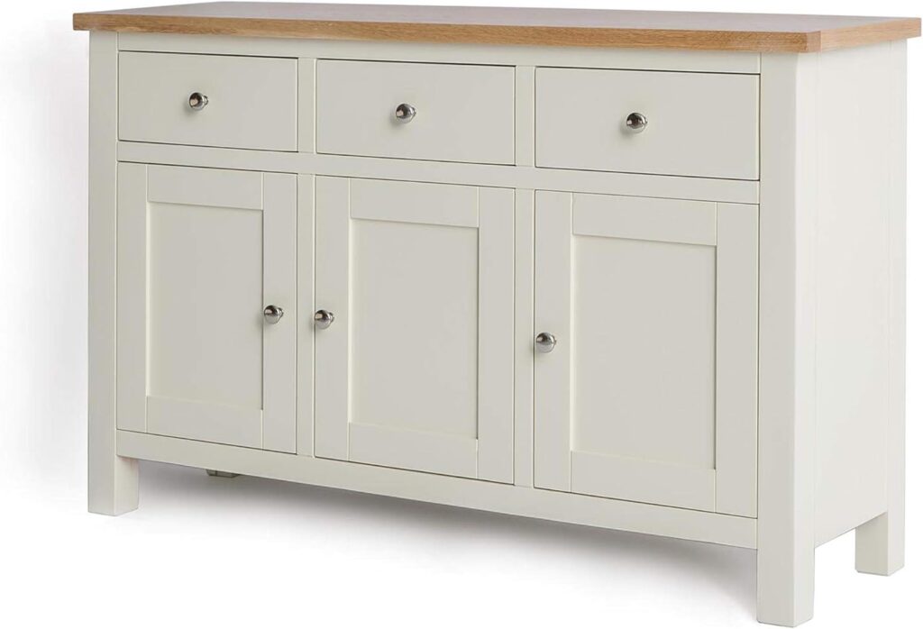 RoselandFurniture Farrow Cream Large Sideboard Storage Cabinet with Oak Top Painted 3 Door Solid Wooden Cupboard with 3 Drawers for Living Room Hallway or Dining Room | Fully Assembled