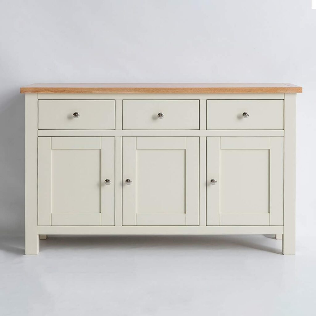 RoselandFurniture Farrow Cream Large Sideboard Storage Cabinet with Oak Top Painted 3 Door Solid Wooden Cupboard with 3 Drawers for Living Room Hallway or Dining Room | Fully Assembled