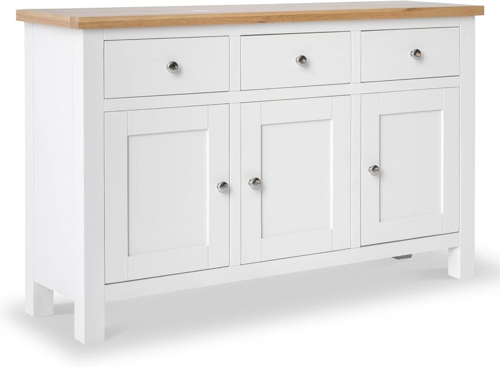 RoselandFurniture Farrow Cream Large Sideboard Storage Cabinet with Oak Top Painted 3 Door Solid Wooden Cupboard with 3 Drawers for Living Room Hallway or Dining Room | Fully Assembled