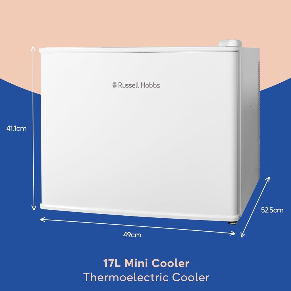 Russell Hobbs Quiet Mini Fridge 17L Thermoelectric for Drinks with Adjustable Thermostat, Portable Mini Cooler in White, Compact For Bedroom, Home, Caravan, Car RH17CLR1001 [Energy Class E]