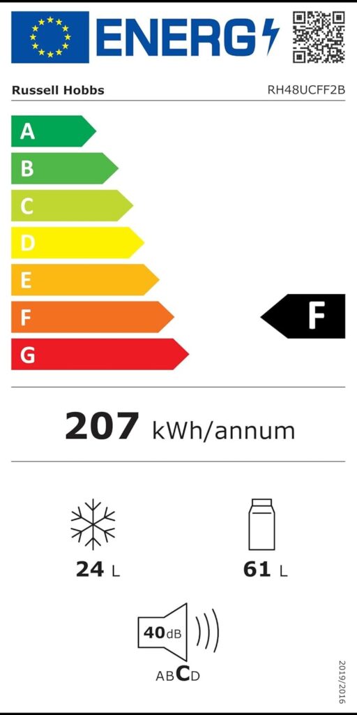 Russell Hobbs RH48UCFF2B 48cm Wide Undercounter Fridge Freezer, LED light, 85 litres, Black, Noise level: decibels 4 [Energy Class F]