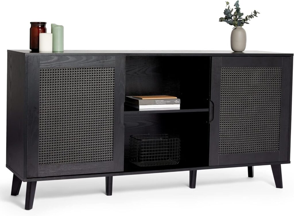 Spinningfield Rattan Sideboard - Large Black Storage Cabinet - Wide Sideboard for Living Room - Wood Effect Storage Unit w/Open Shelving Tapered Legs - Furniture for Lounge Hallway - Barton Range