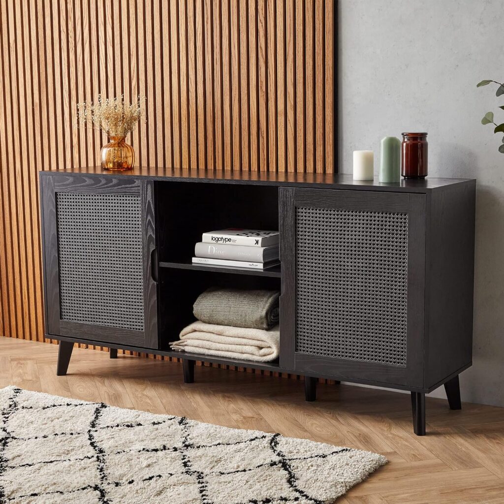 Spinningfield Rattan Sideboard - Large Black Storage Cabinet - Wide Sideboard for Living Room - Wood Effect Storage Unit w/Open Shelving Tapered Legs - Furniture for Lounge Hallway - Barton Range