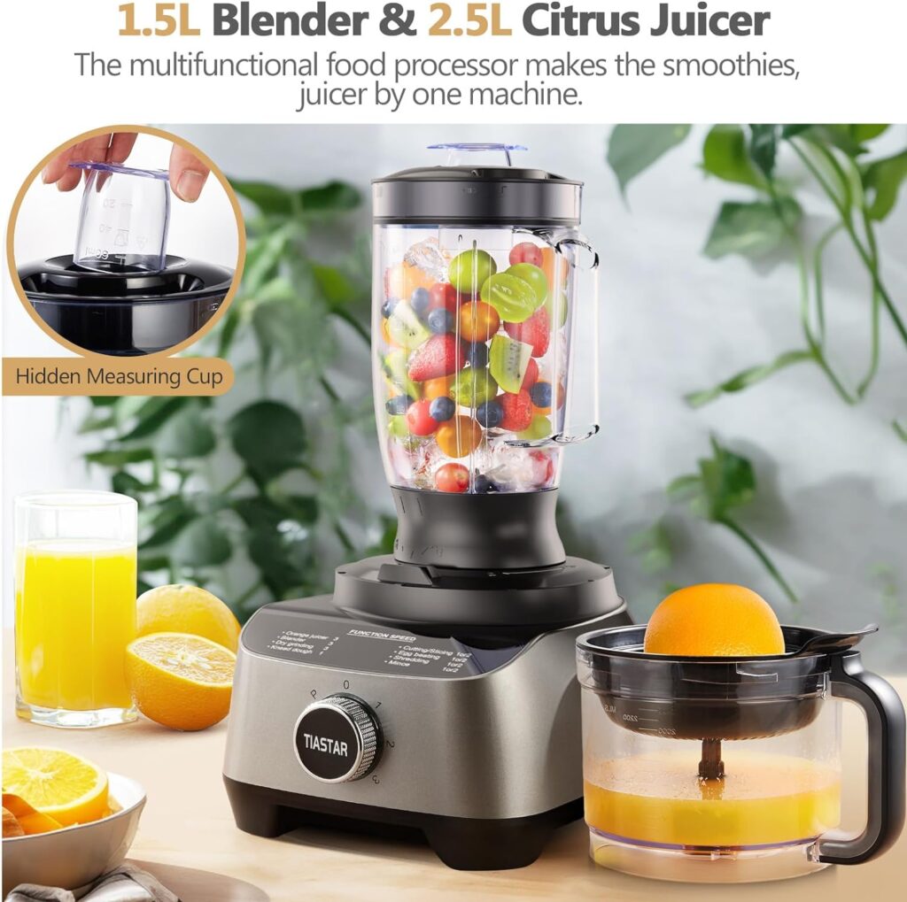 Tiastar 1300W Multifunctional Food Processor - Mixer, Crusher, Grinder, Citrus Juicer, 3.5L Bowl, 1.5 L Blender, Simple Operation for Blending, Dicing, Slicing, Shredding, Mincing, Kneading Dough