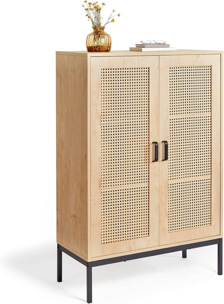 VonHaus Rattan Sideboard - Tall Storage Cabinet for Living Room - Wicker 2 Door Cupboard - Light Wood Effect Storage Unit w/ 3 Shelves - Industrial Scandi Style Furniture for Lounge Hallway - Lena