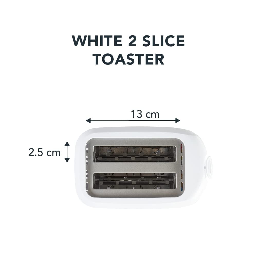 White Toaster 2 Slice - With Browning Controls Anti-Jam Function - Compact Design 2 Slice Toaster - Easy to Clean with Removable Crumbs Tray - 700W