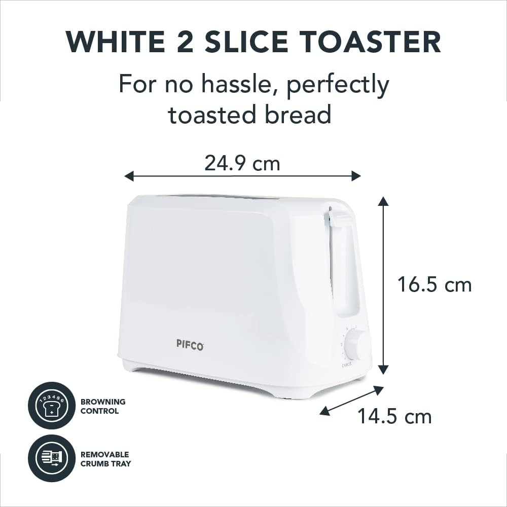 White Toaster 2 Slice - With Browning Controls Anti-Jam Function - Compact Design 2 Slice Toaster - Easy to Clean with Removable Crumbs Tray - 700W