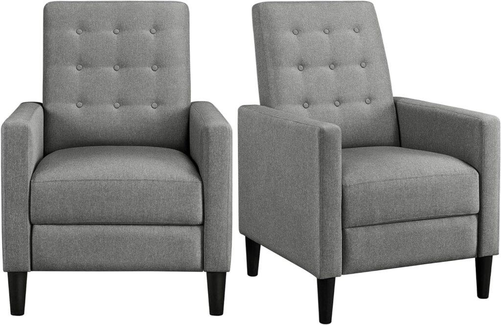 Yaheetech 2pcs Fabric Reclining Chair Mid-Century Modern Single Recliner Adjustable Back Footrest Tufted Upholstered Sofa for Living Room Bedroom Home Theater Gray