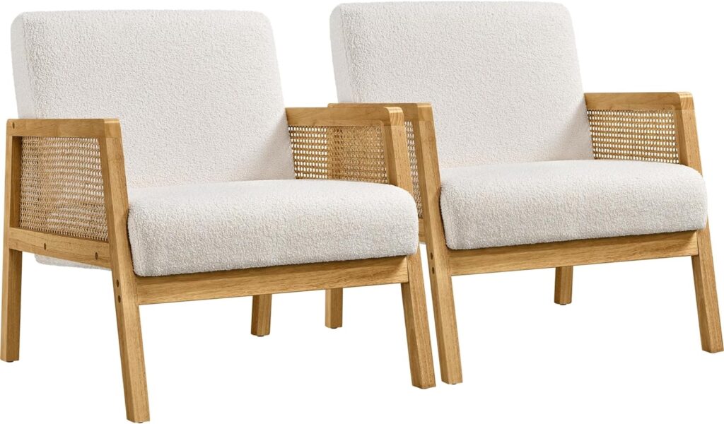 Yaheetech Armchair, Rattan Tub Chair with Rattan Sides, Rubberwood Legs for Living Rooms, Bedrooms, Lounges, Sunrooms, Set of 2, Beige,