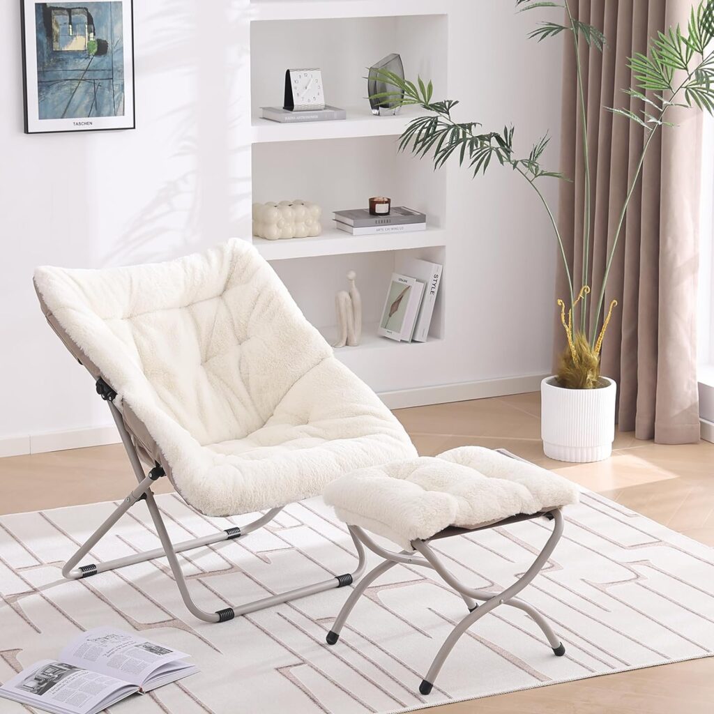 YOTATING Saucer Chair with Ottoman, Comfy Faux Fur Chair Oversized Folding Soft Furry Lounge Lazy Chair Metal Frame Moon Chair Accent Chair for Bedroom, Living Room, Dorm Rooms, Beige