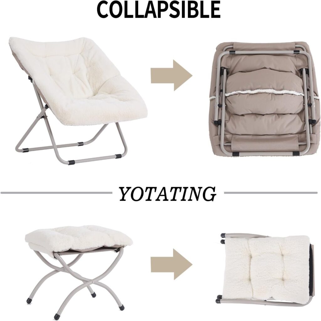 YOTATING Saucer Chair with Ottoman, Comfy Faux Fur Chair Oversized Folding Soft Furry Lounge Lazy Chair Metal Frame Moon Chair Accent Chair for Bedroom, Living Room, Dorm Rooms, Beige