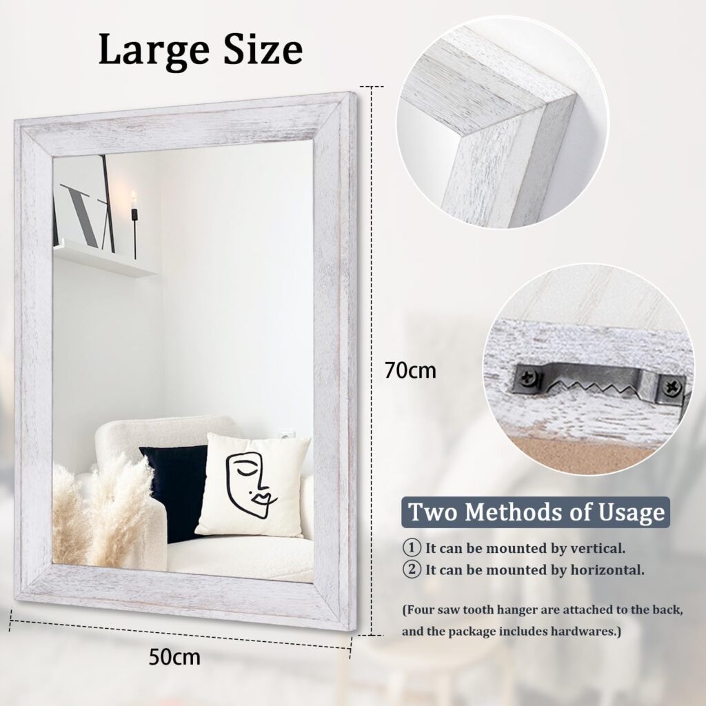AAZZKANG Mirrors for Wall Rustic Wood Framed Mirror Decorative Farmhouse Bedroom Bathroom Hanging Mirror Wall Decor Rectangle White