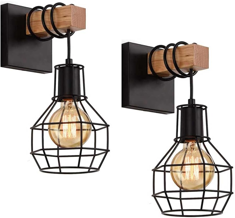 ALETO 2X E27 Vintage Wall Light Wooden Wall Lamp Industrial Black Diamond Cage Wall Sconces Indoor Lighting