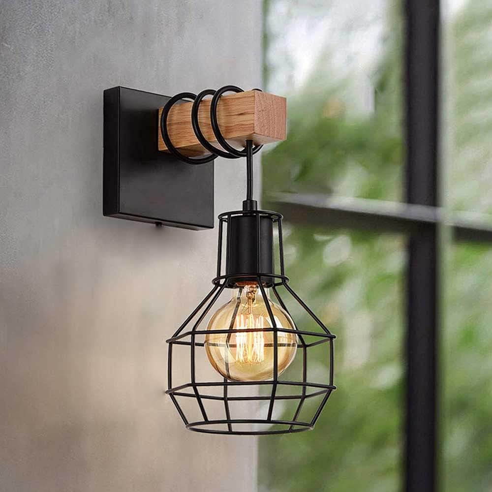 ALETO 2X E27 Vintage Wall Light Wooden Wall Lamp Industrial Black Diamond Cage Wall Sconces Indoor Lighting