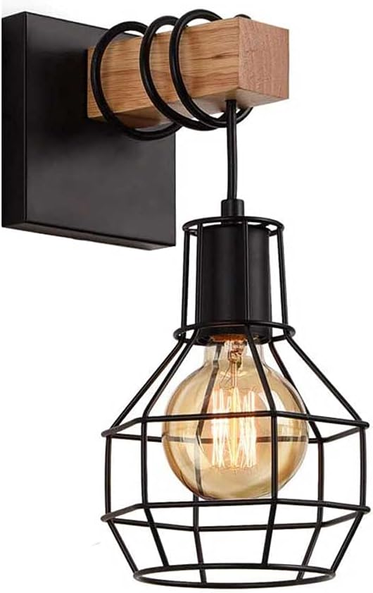 ALETO 2X E27 Vintage Wall Light Wooden Wall Lamp Industrial Black Diamond Cage Wall Sconces Indoor Lighting