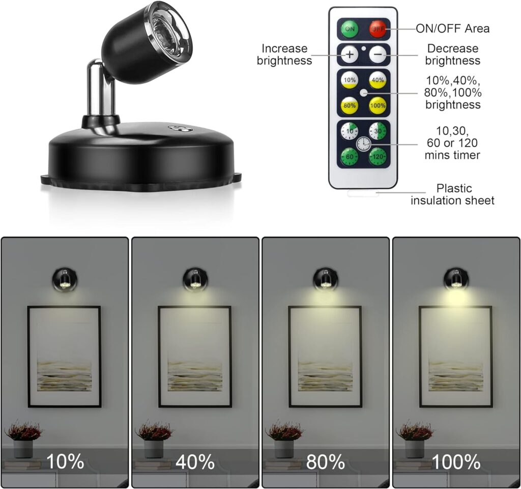 Amries LED Battery Spotlights, Indoor Lights Battery Operated, Spotlights Ceiling Lights with Remote Control Dimmer Timer, Battery Wall Light for Artwork Painting Statue