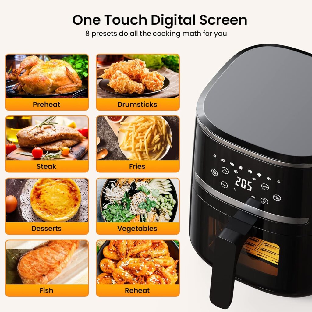 Aptliton Air Fryer, Oil-Free Touch Screen 4.5L Air Fryer with Low Noise, Silicone Liner and Rapid Air Circulation - Dishwasher Safe Parts, Timer Temperature Control