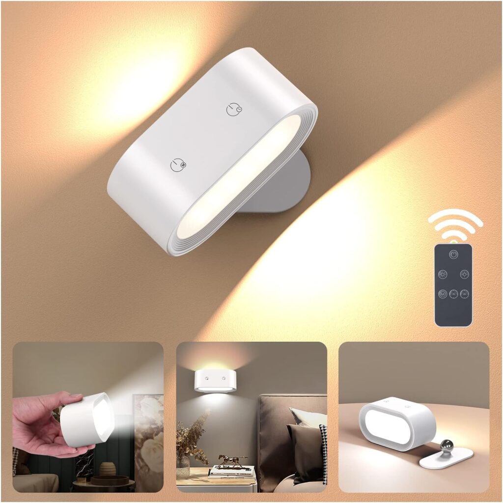 Battery Operated Wall Lights Indoor with Remote Control, WANFEI Wireless LED Wall Light, Rechargeable Wall Lamp, 4 Brightness Levels, 360° Rotation, 1 Pcs Wall Sconce for Living Room Bedrooms