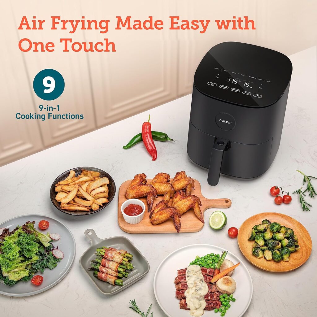 COSORI Air Fryer 4.7L, 9-in-1 Compact Air Fryers Oven, 30 Recipes Cookbook, Max 230℃ Setting, Digital Tempered Glass Display, Quiet, 4 Portions, 1500W