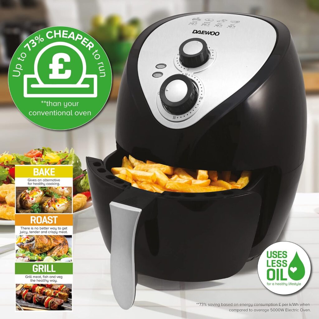 Daewoo Manual Air Fryer, Healthy Halogen For Baking, Roasting And Grilling, Cook Flavourful Food Without The Oil, 60 Minute Timer, All Round Viewing And Accessories Included, Family Sized, 17 Litres